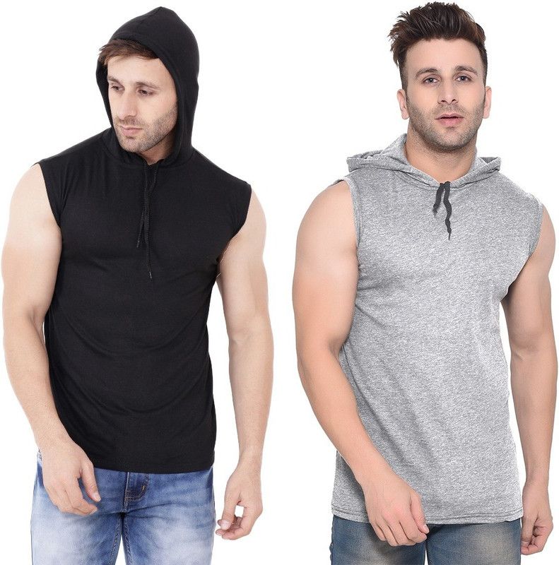 Pack of 2 Men Solid Hooded Neck Cotton Blend Silver, Black T-Shirt