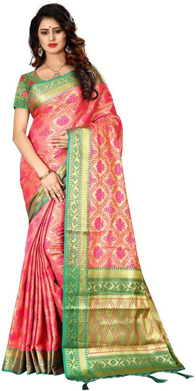 Woven, Checkered Banarasi Art Silk Saree  (Pink)