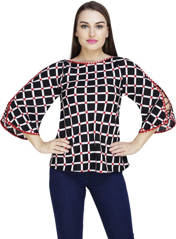 Casual Cutout Checkered Women Red, White, Black Top