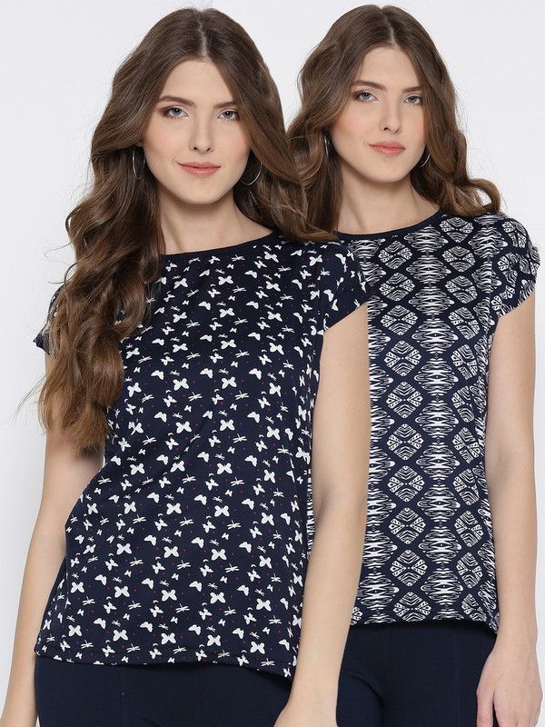 Pack of 2 Casual Regular Sleeves Animal Print Women Dark Blue, White, Pink Top