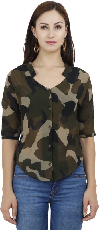 Party Regular Sleeves Printed Women Dark Green Top