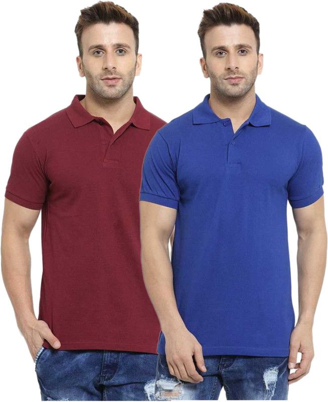Pack of 2 Men Solid Polo Neck Poly Cotton Maroon, Blue T-Shirt
