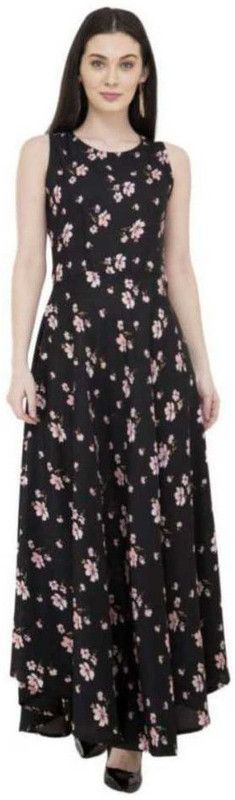 Women Floral Print Crepe Flared Kurta  (Black, Pink)