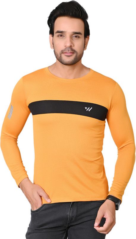 Men Colorblock Round Neck Polyester Yellow T-Shirt