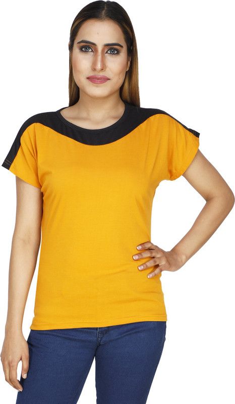 TBONBASE Women Colorblock Round Neck Cotton Blend Black, Yellow T-Shirt