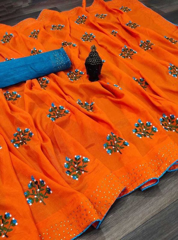 Embroidered Fashion Art Silk Saree  (Orange)