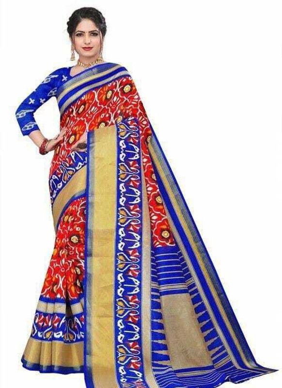 Printed Banarasi Cotton Blend Saree  (Red, Blue)