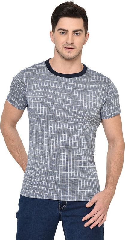Men Checkered Round Neck Cotton Blend Blue T-Shirt