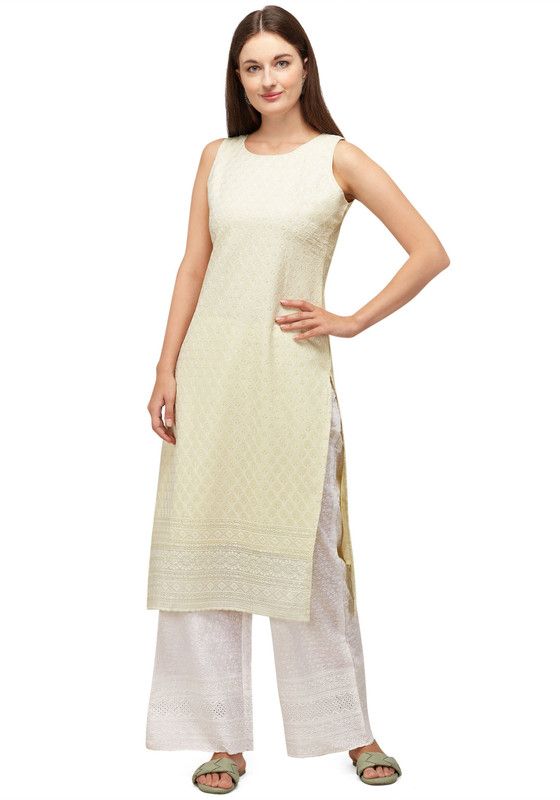 Women Embroidered Georgette Straight Kurta  (Beige)