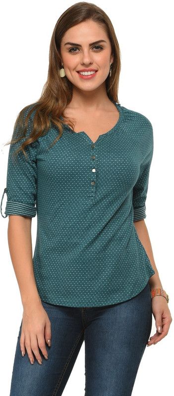 Casual Roll Up Sleeves Geometric Print Women Blue Top