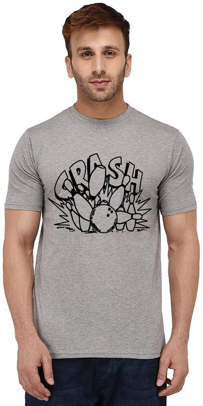 Crash Men Printed Round Neck Pure Cotton Grey T-Shirt