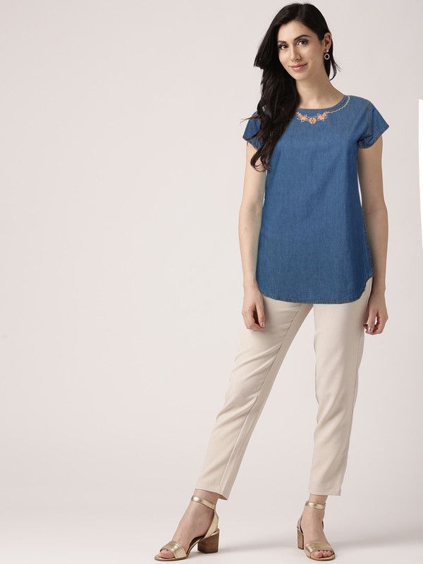 Casual Cap Sleeves Embroidered Women Gold, Blue Top