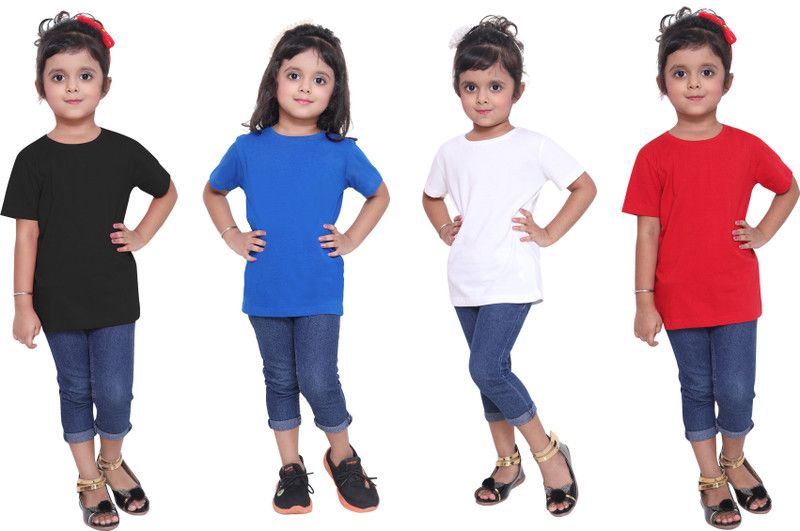 Girls Solid Pure Cotton T Shirt  (Multicolor, Pack of 4)