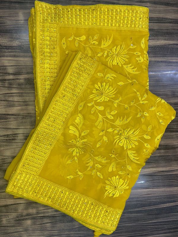 Embellished Rajshahi Georgette Saree  (Gold)