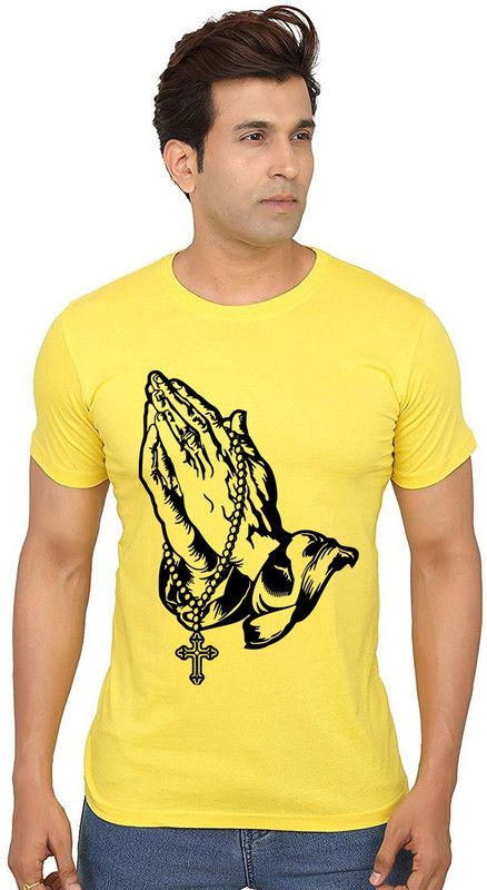 Praying Hands Men Printed Round Neck Pure Cotton Yellow T-Shirt