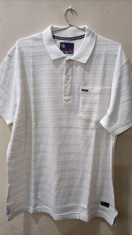 Men Striped Polo Neck Poly Cotton White T-Shirt