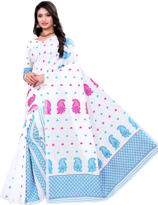 Printed Mekhela Chador Cotton Blend Saree  (White, Blue)