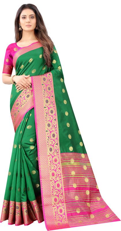 Printed Banarasi Cotton Blend, Cotton Silk Saree  (Green)