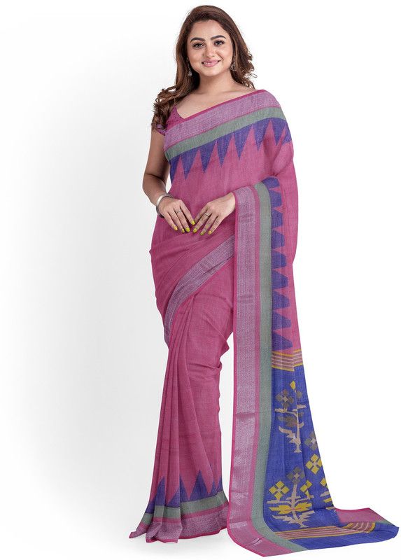 Temple Border Daily Wear Linen Saree  (Pink)