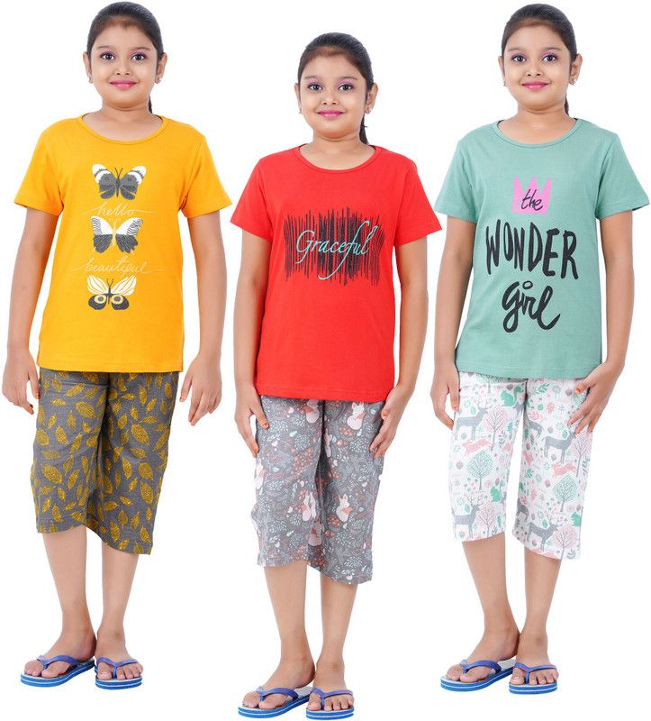 Kids Nightwear Girls Pure Cotton T-shirt & Three-forth Set  (Pack of 3)