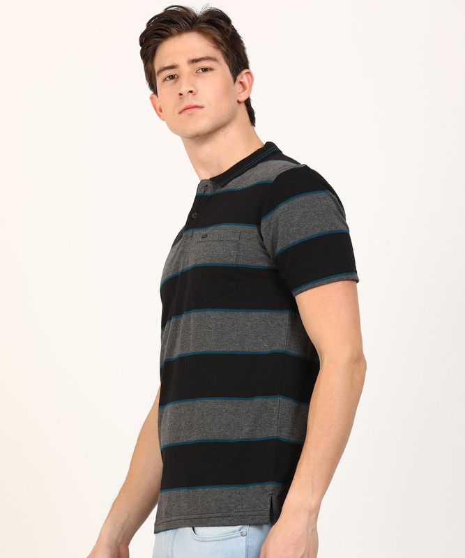 Men Striped Polo Neck Cotton Blend Black, Grey T-Shirt
