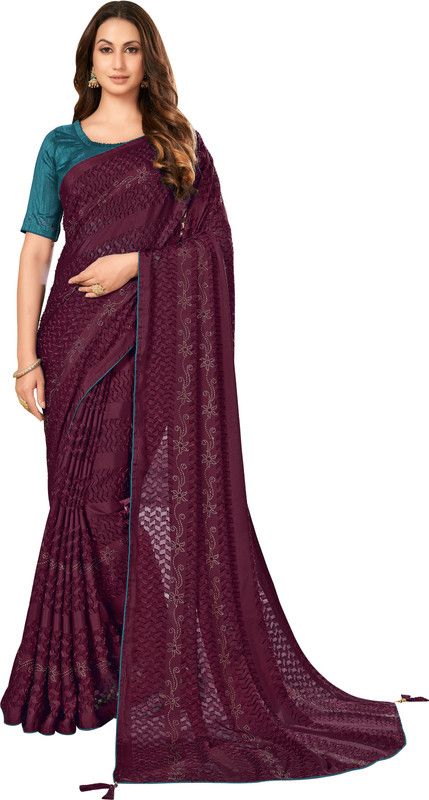 Embellished Bollywood Brasso Saree  (Purple)