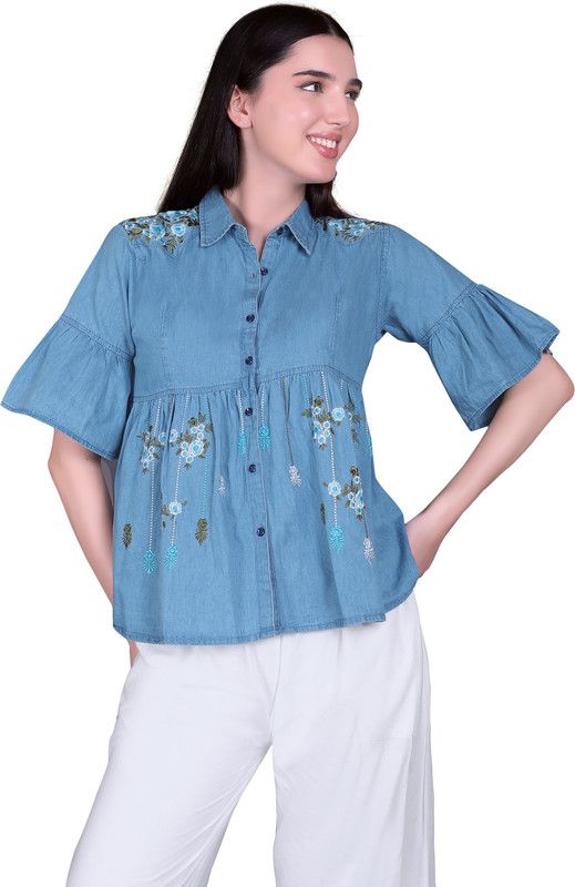 Casual Embroidered Women Blue Top