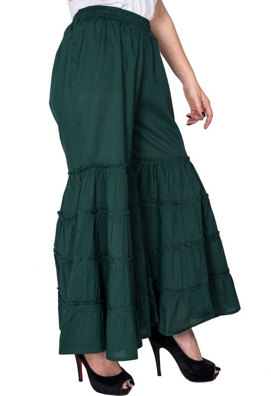 Women Flared Dark Green Cotton Blend Trousers