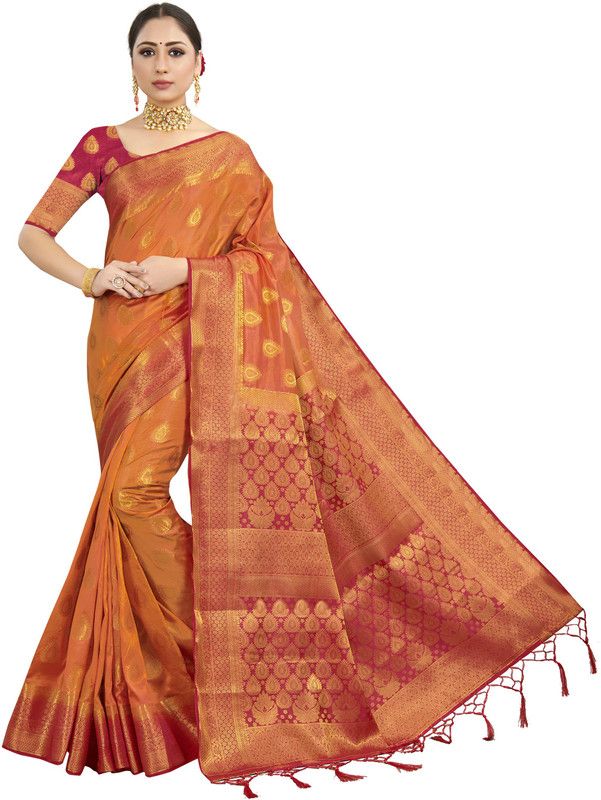 Woven Banarasi Handloom Nylon Saree  (Orange)