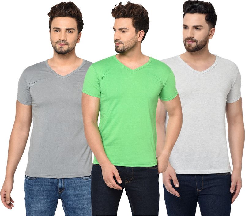 Pack of 3 V neck Combo T-shirts Multicolor Men Solid V Neck Cotton Blend Green, Grey T-Shirt