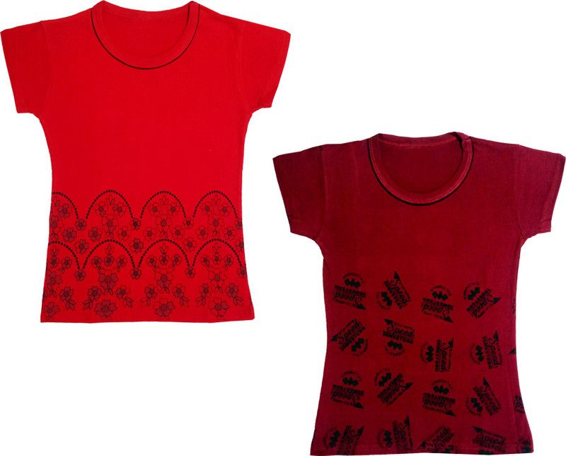 Girls Floral Print Cotton Blend T Shirt  (Maroon, Pack of 2)