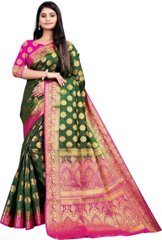 Self Design Banarasi Jacquard Saree  (Light Green, Pink)