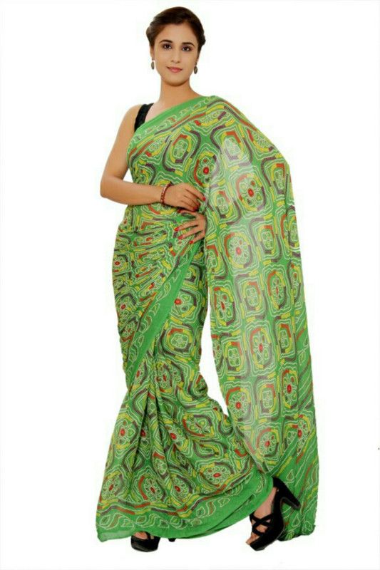 Printed Bandhani Crepe Saree  (Multicolor, Green)