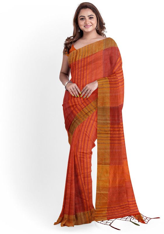 Striped Daily Wear Cotton Blend, Chanderi Saree  (Orange)