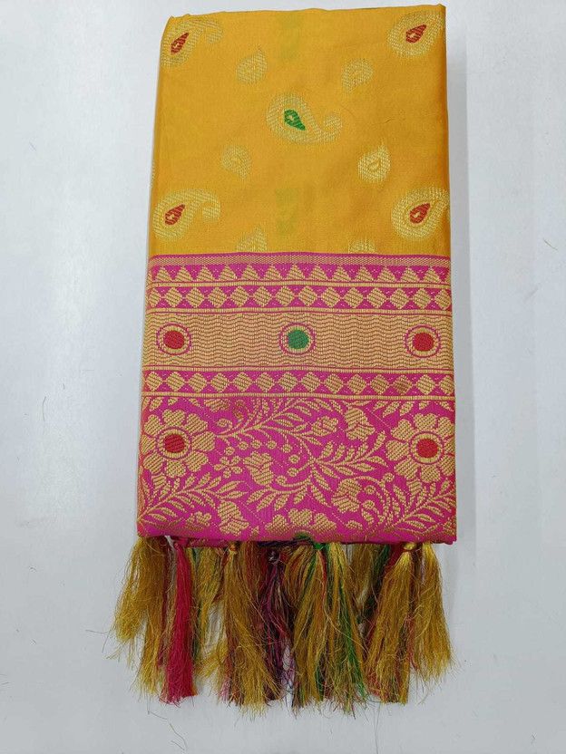 Woven Paithani Cotton Silk Saree  (Pink, Yellow)