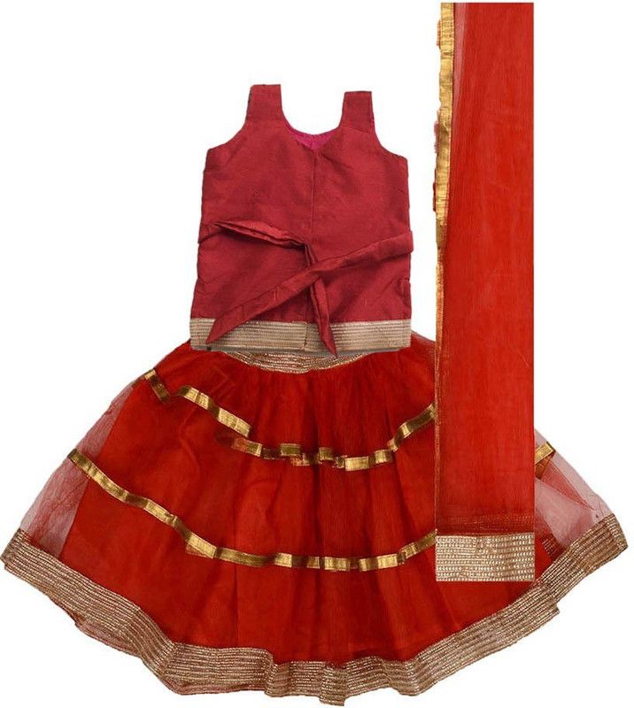 Baby Girls Lehenga Choli Fusion Wear Self Design Lehenga, Choli and Dupatta Set  (Red, Pack of 1)