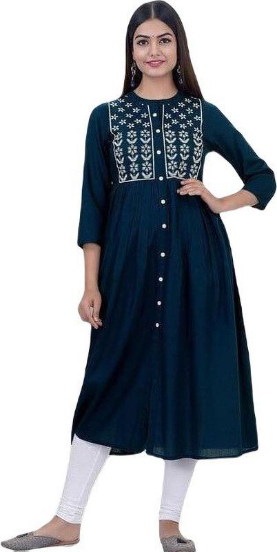 Women Embroidered Cotton Blend Ethnic Dress  (Blue)