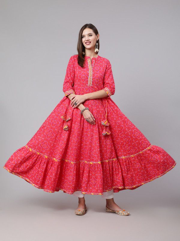 Women Bandhani Pure Cotton Flared Kurta  (Pink)