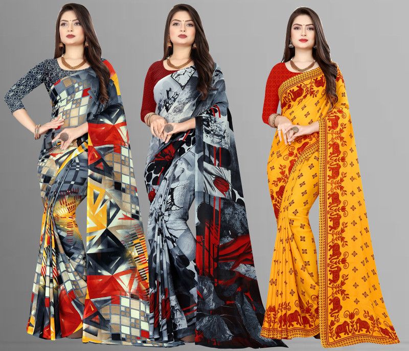 Floral Print Bollywood Georgette Saree  (Pack of 3, Multicolor, Grey)