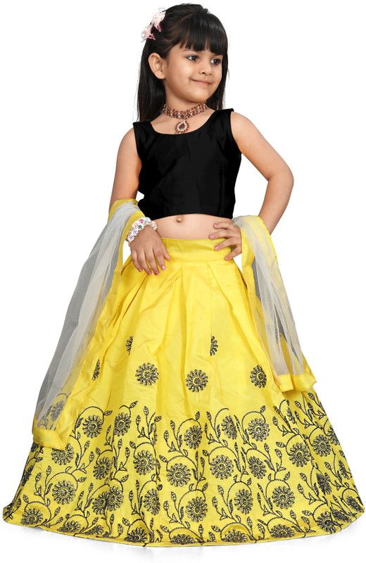 Indi Girls Lehenga Choli Ethnic Wear Self Design, Printed Lehenga, Choli and Dupatta Set  (Yellow, Pack of 1)