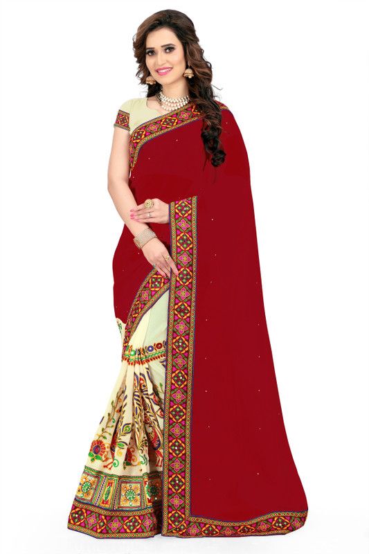 Self Design, Embroidered Bollywood Georgette Saree  (Maroon, Beige)