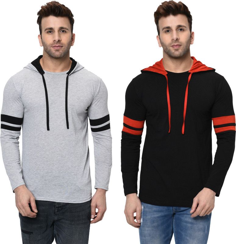 Pack of 2 Men Printed Hooded Neck Cotton Blend Black, Grey T-Shirt