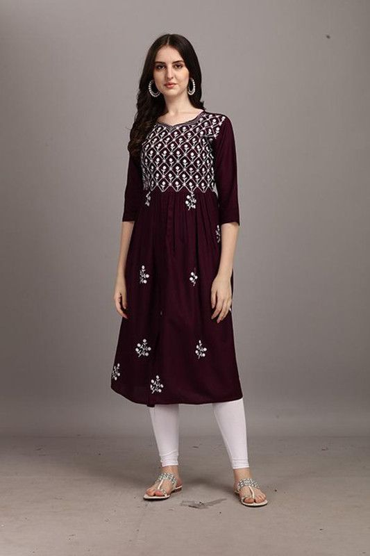 Women Embellished Cotton Rayon Anarkali Kurta  (Purple)