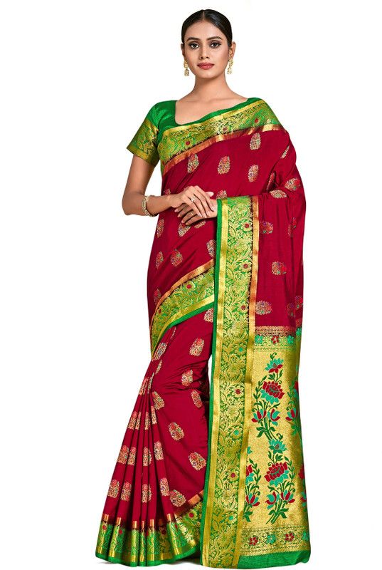 Woven Dharmavaram Art Silk Saree  (Maroon)