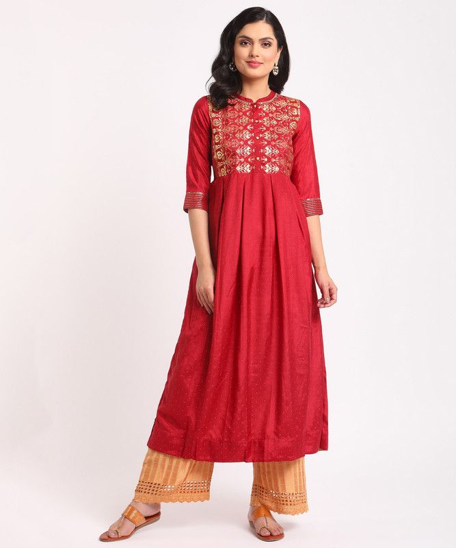 Women Printed Polyester Flared Kurta  (Maroon)