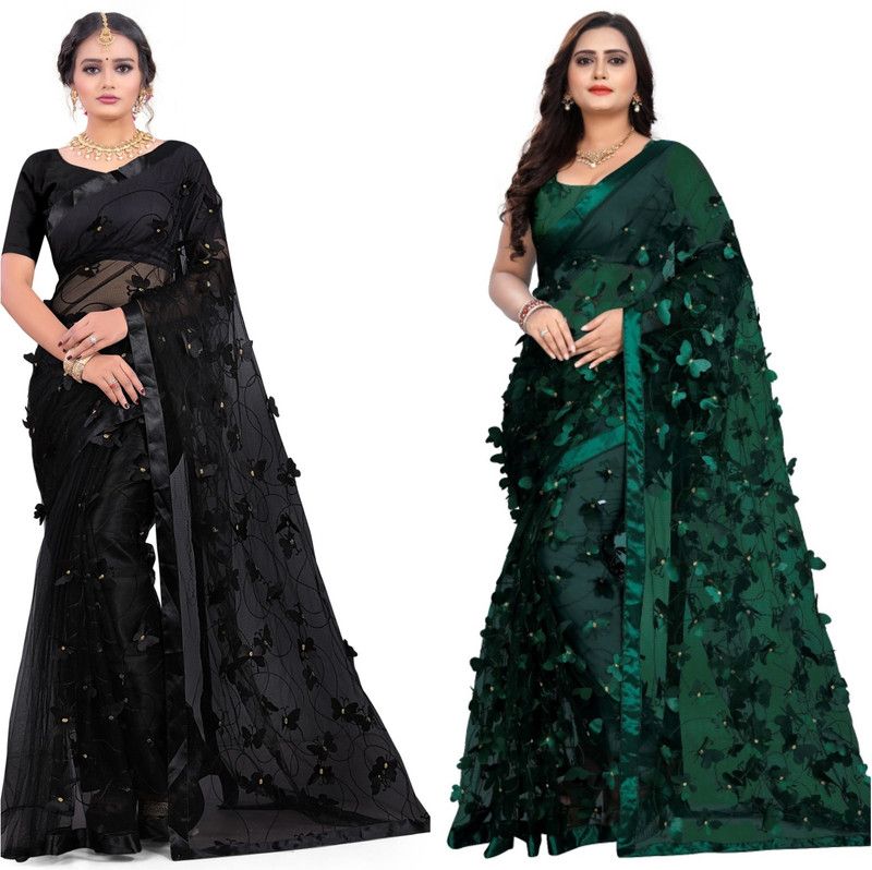 Embroidered Bollywood Net Saree  (Pack of 2, Green, Black)
