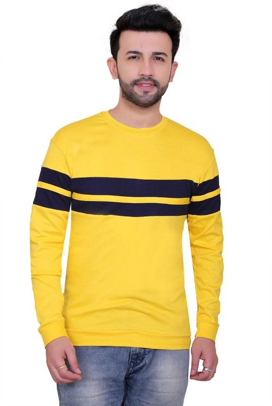 Men Striped Round Neck Cotton Blend Blue, Yellow T-Shirt