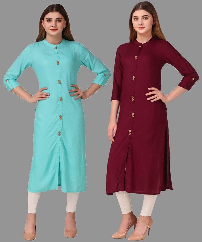 Pack of 2 Women Solid Viscose Rayon Straight Kurta  (Maroon, Blue)
