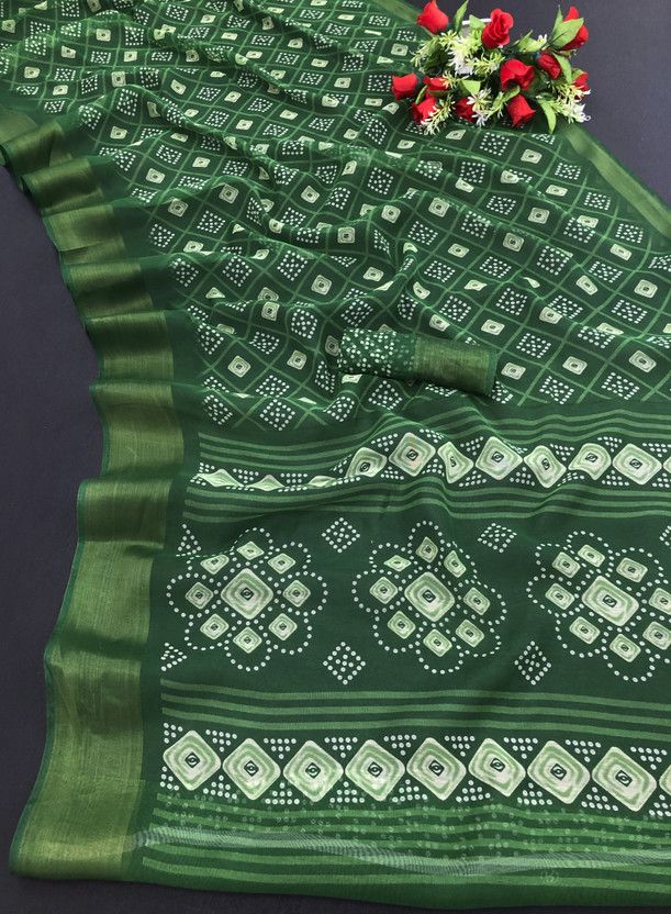 Checkered Bollywood Cotton Blend, Cotton Linen Saree  (Green)