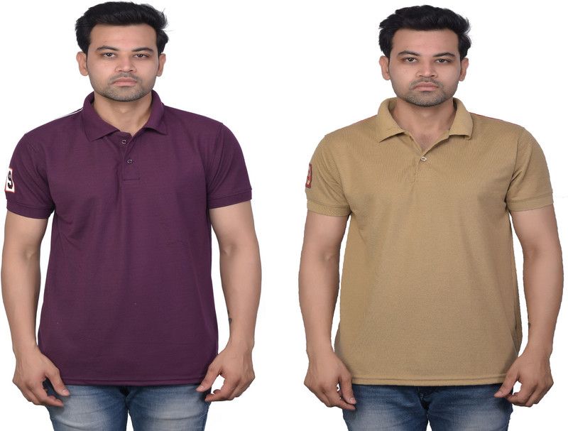 Solid Men Purple, Beige T-Shirt  (Pack of 2)